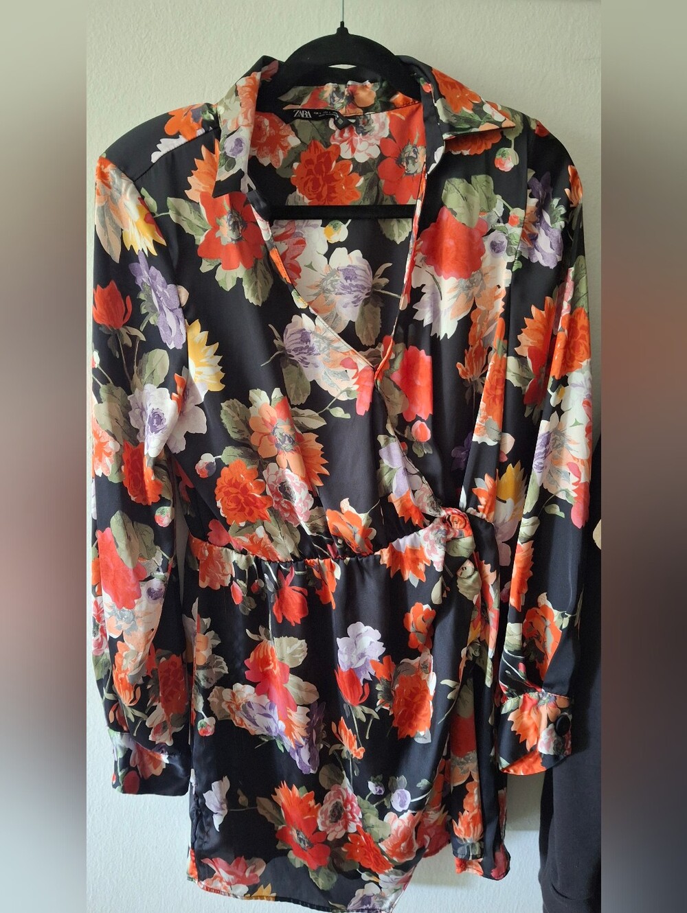 Zara Black Floral Long-Sleeve Wrap Dress with Orange & Purple Blooms